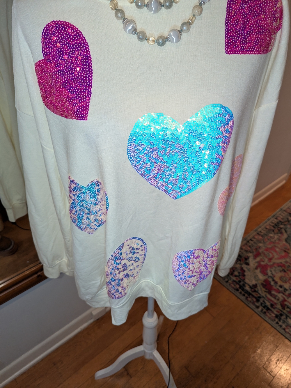 Oversized Sequin Heart Crewneck Sweater - Ivory with Pink & Turquoise Hearts - Picture 6 of 13